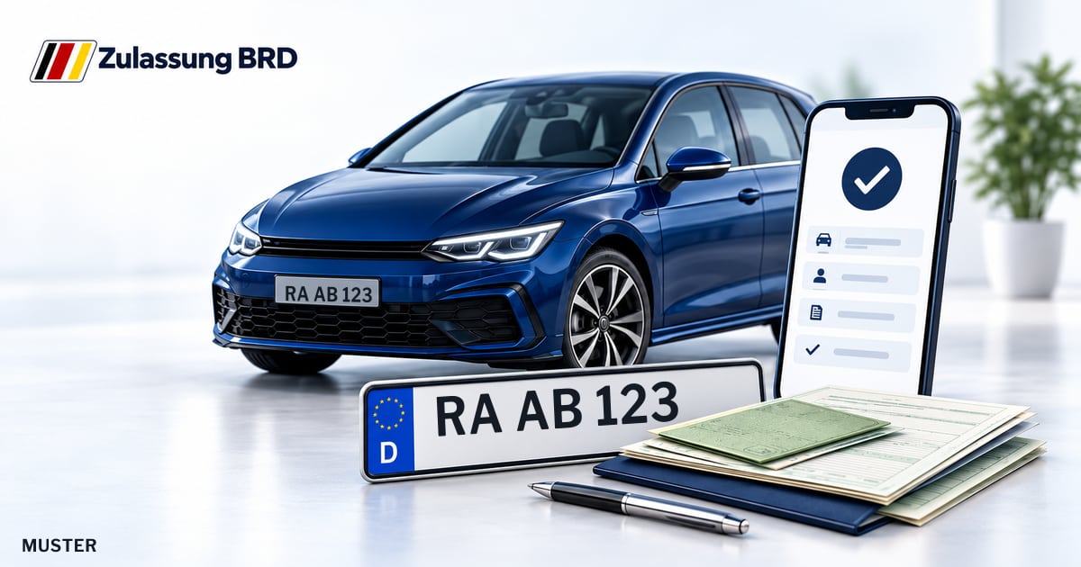 Online Fahrzeugzulassung in Rastatt: Musterkennzeichen RA AB 123, Auto und Fahrzeugpapiere und Smartphone. Illustration mit Logo von Zulassung BRD.